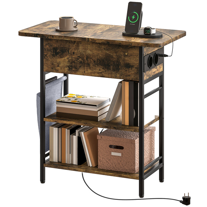 Sidebord natbord med strømskinne, 2 niveauer, usb-porte opbevaringsplads 60 x 29,8 x 58,5 cm rustik brun