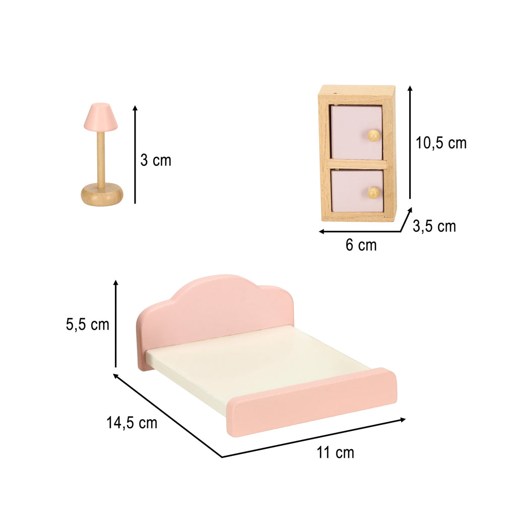 Dukkehusmøbler stue soveværelse badeværelse køkken træ pink