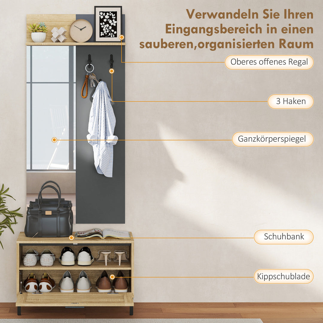 Entresæt til entré, skobænk, spejl, 3 kroge, åben hylde, entremøbler, naturtræ + grå