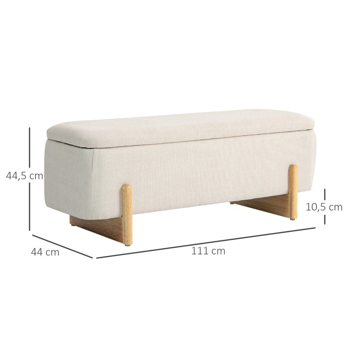 Skammel med opbevaringsplads, bænk med skumpolstring, imiteret linned, 111 x 44 x 44,5 cm, cremehvid