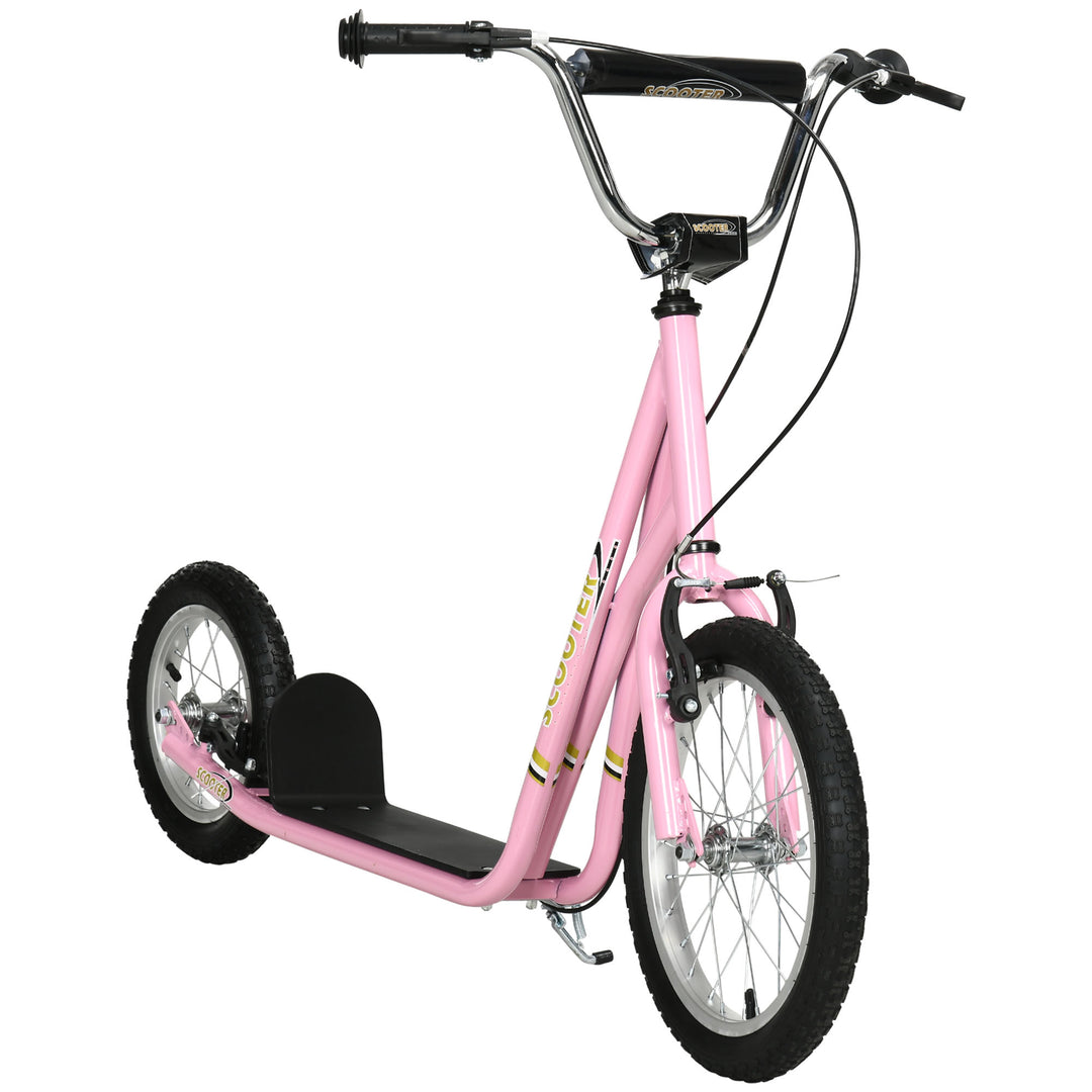 Børneløbehjul med luftgummidæk og håndbremse, 16 tommer højdejusterbart løbehjul til drenge og piger fra 5 år, pink løbehjul med kickboard