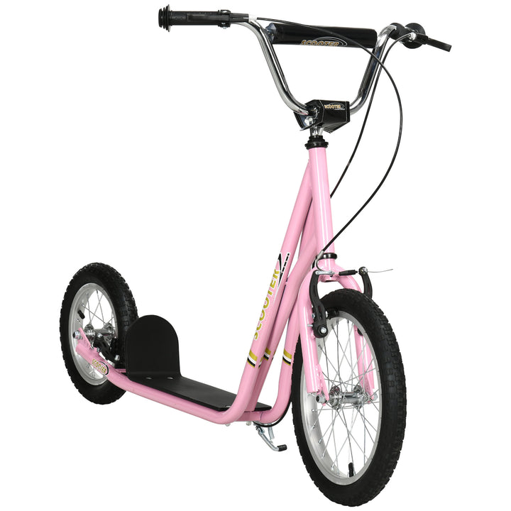 Børneløbehjul med luftgummidæk og håndbremse, 16 tommer højdejusterbart løbehjul til drenge og piger fra 5 år, pink løbehjul med kickboard