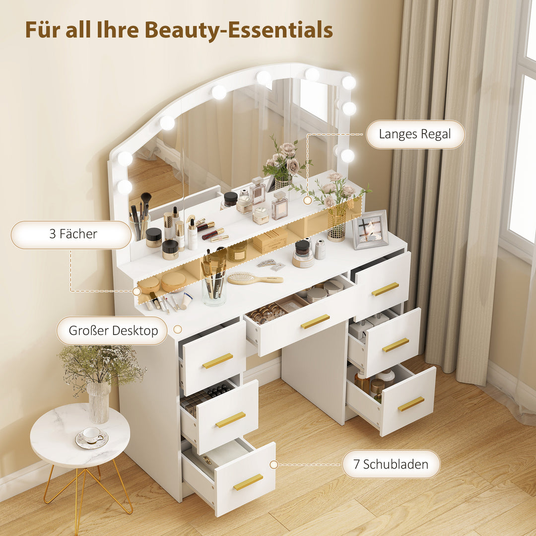 Toiletbord med 10 LED Hollywood-lamper, spejl, 7 skuffer, 3 rum, MDF, hvid