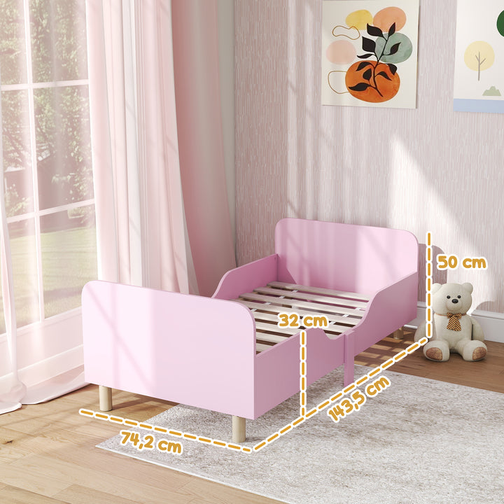Børnesengramme, enkeltsengramme til børn, sikkerhedsskærm, lille seng til børneværelse, mdf, uden madras, pink