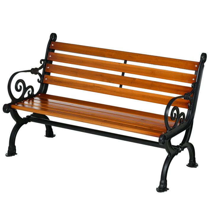 2-personers bænk med dekorative armlæn, til have og terrasse, støbt aluminium + naturtræ, 120 x 64 x 79 cm, teaktræ