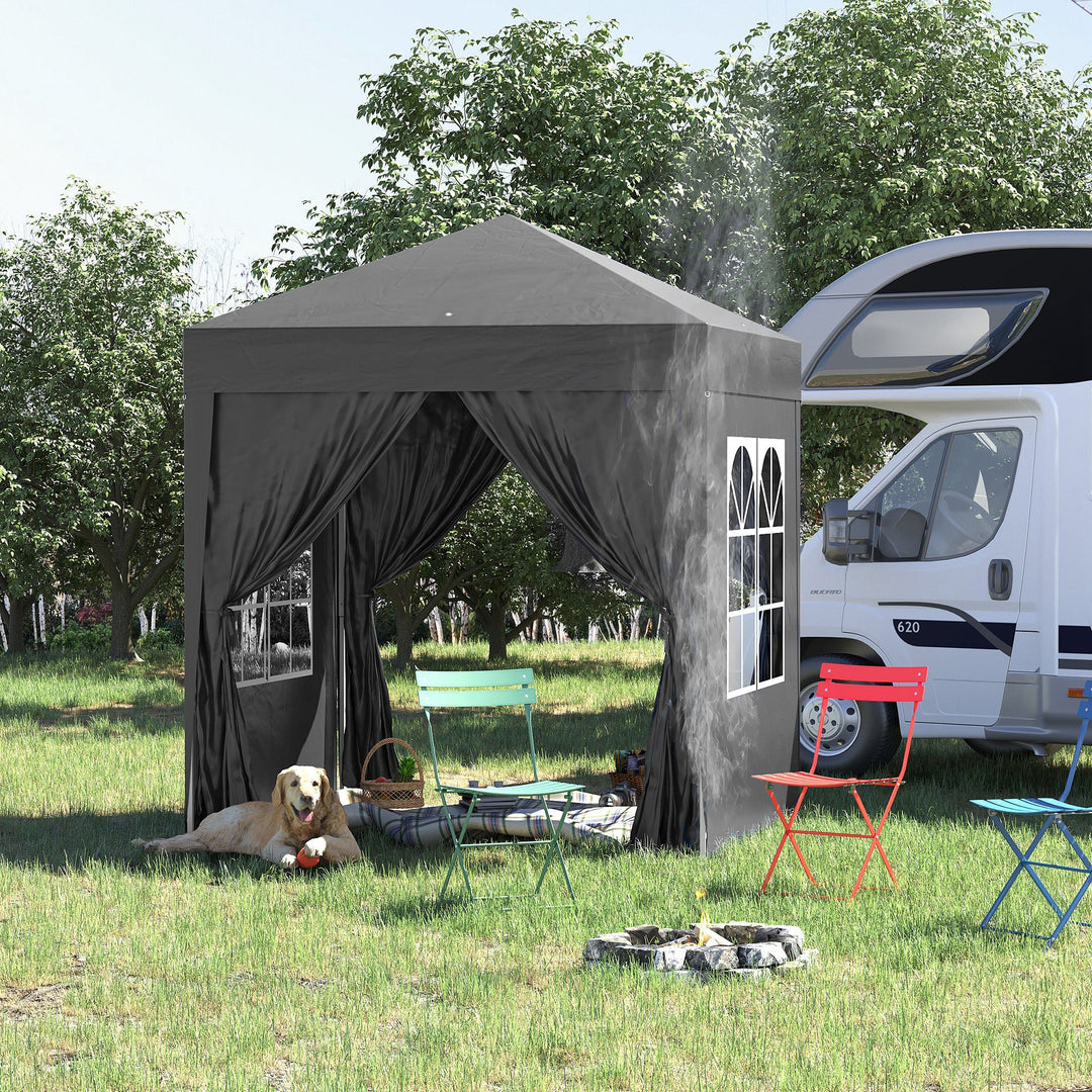 Foldbart pavillon, øltelt, 4 aftagelige sidepaneler, 2 vinduer, metalramme, 2 x 2m, sort