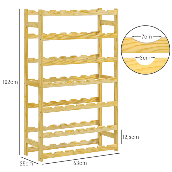 Vinreol, 7 hylder, til 42 flasker, anti-tip, fyrretræ, 63x25x102cm, natur