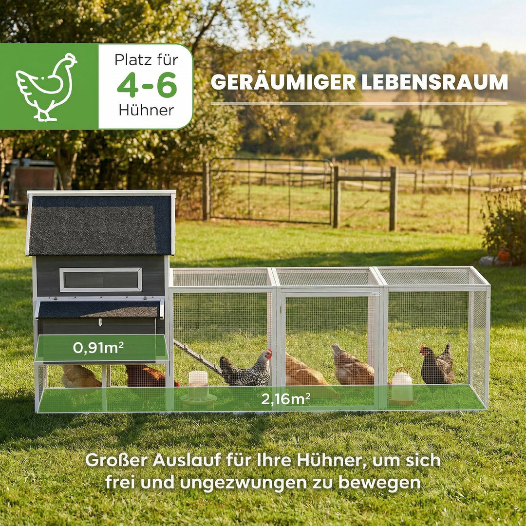 Træhønsehus med løbegård, redekasse, aftageligt asfalttag, bakke til 4-6 kyllinger, 347x160x150 cm, mørkegrå
