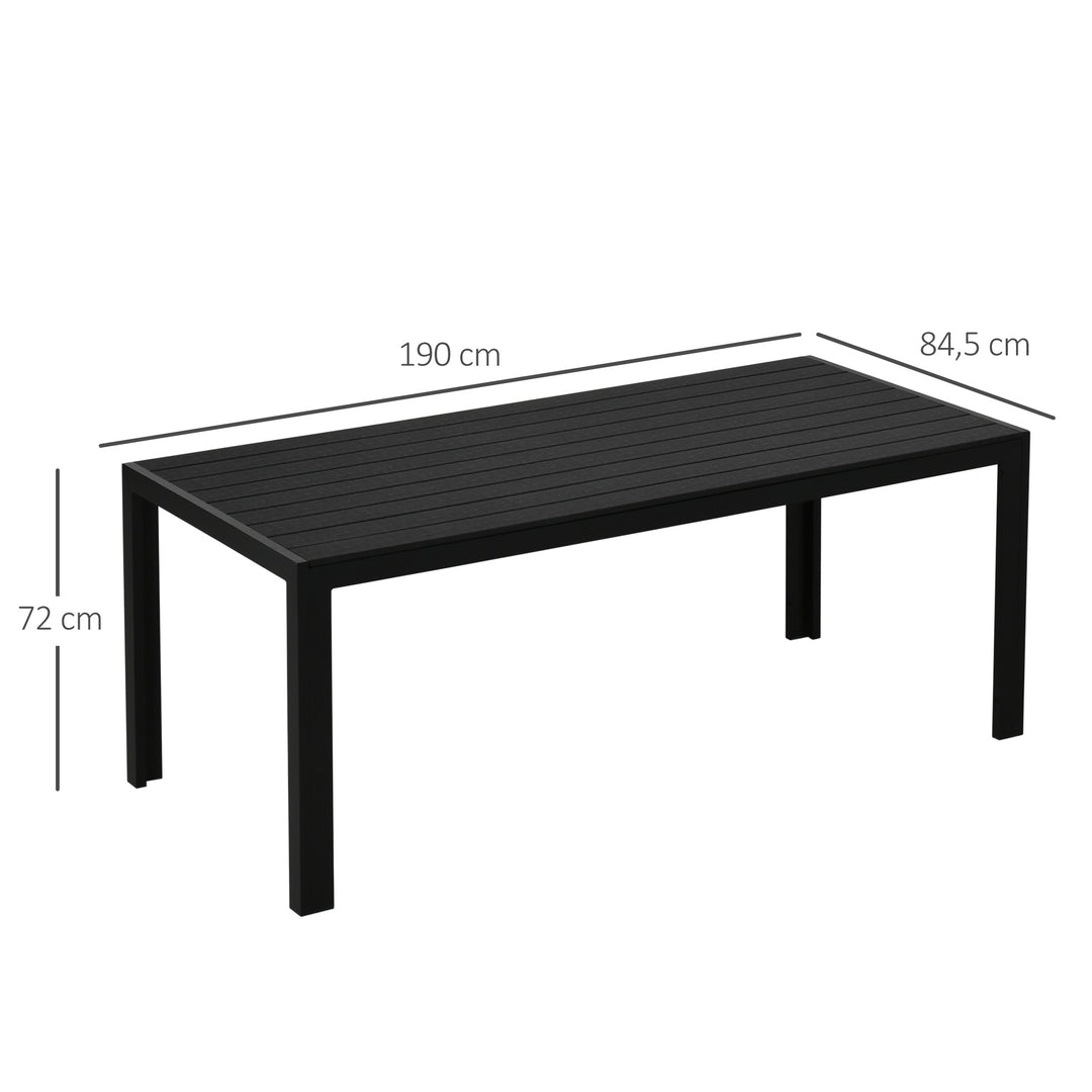 Havebord i plastik, vejrbestandig, trælook, udendørs spisebord til haven, 190 x 84,5 x 72 cm, balkon sort