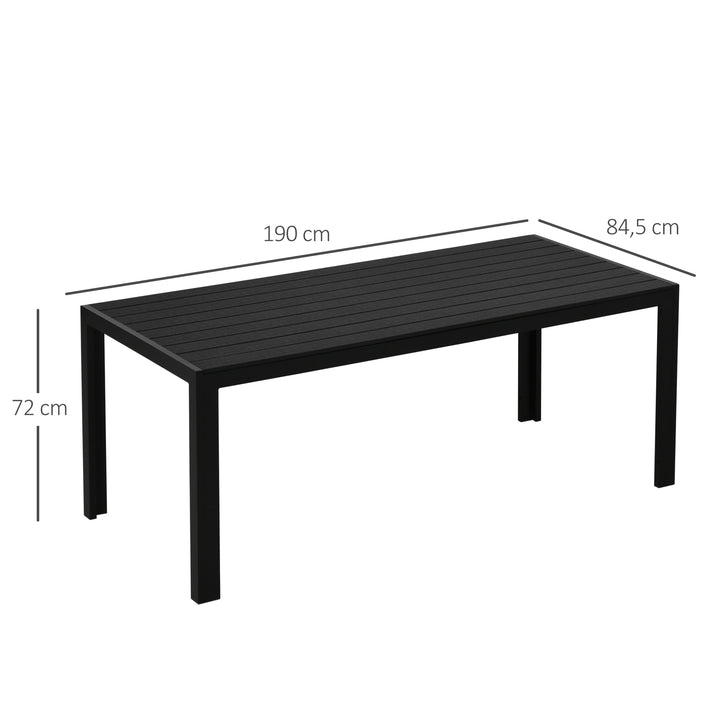 Havebord i plastik, vejrbestandig, trælook, udendørs spisebord til haven, 190 x 84,5 x 72 cm, balkon sort