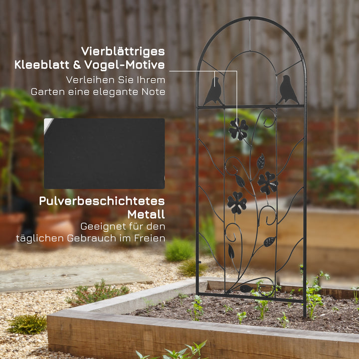 Sæt med 2 metalespalierer med fugle- og kløverdekoration til have og terrasse, sort, 38 x 98 cm