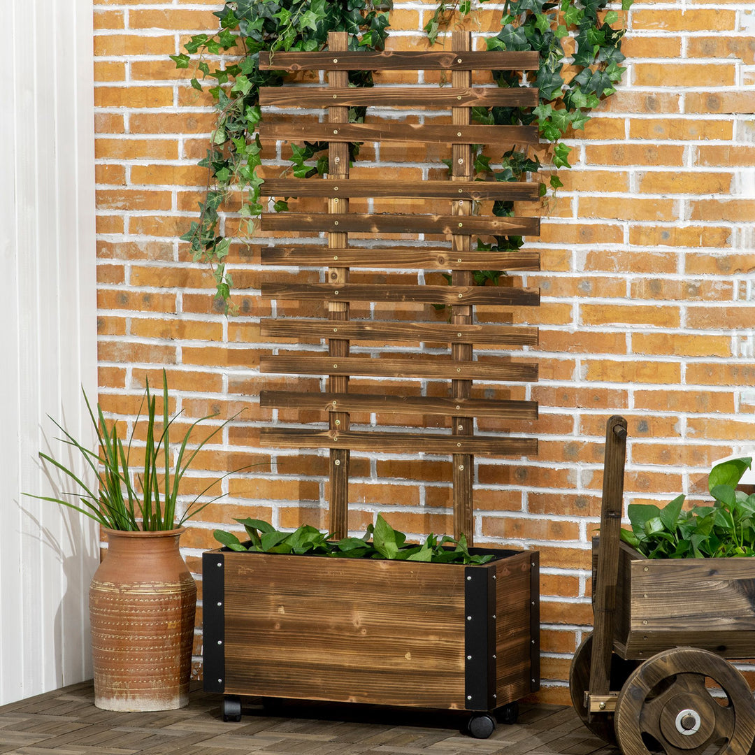 Højbed med espalier, 4 hjul, behandlet massivt træ, 65 cm x 31 cm x 147 cm, sort + brun
