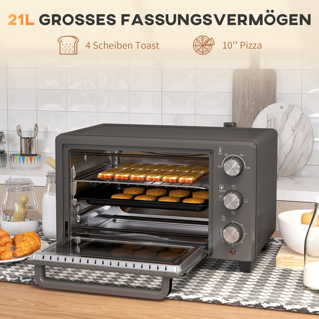 Miniovn, 21 l brødristerovn, 1 rist og 1 bageplade, 3 tilberedningstilstande, 100°c-230°c, rustfrit stål, glas, grå
