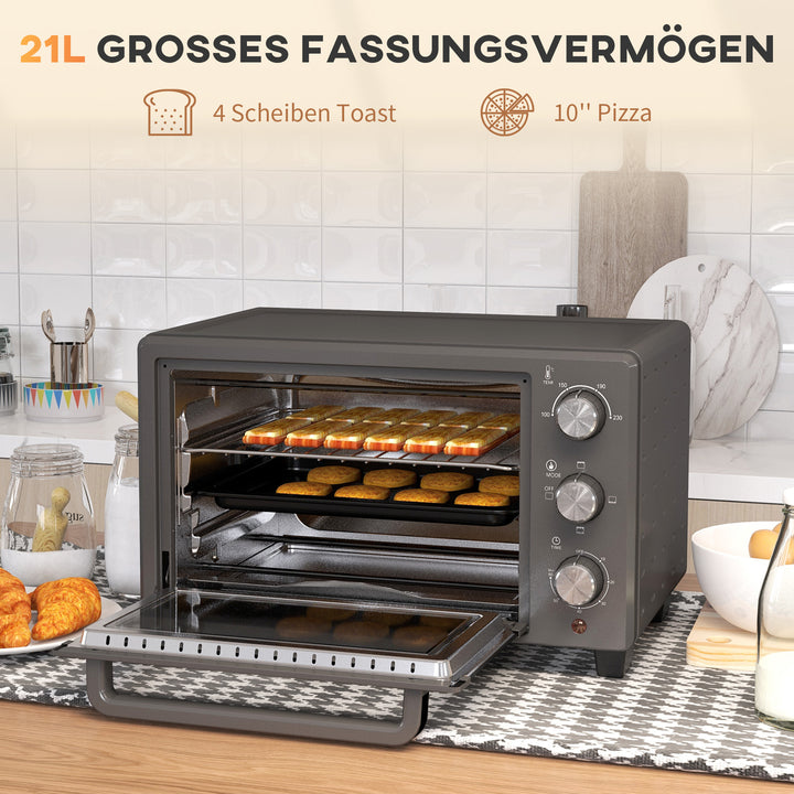 Miniovn, 21 l brødristerovn, 1 rist og 1 bageplade, 3 tilberedningstilstande, 100°c-230°c, rustfrit stål, glas, grå