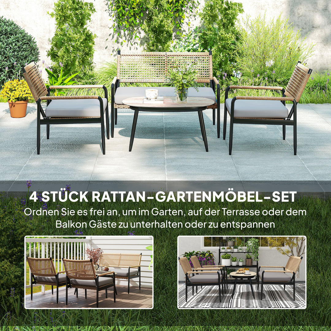 Havemøbelsæt af polyrattan loungesæt med 2-personers sofa, lænestol, glasbord, hynder til 4 personer, mørkegrå + gul