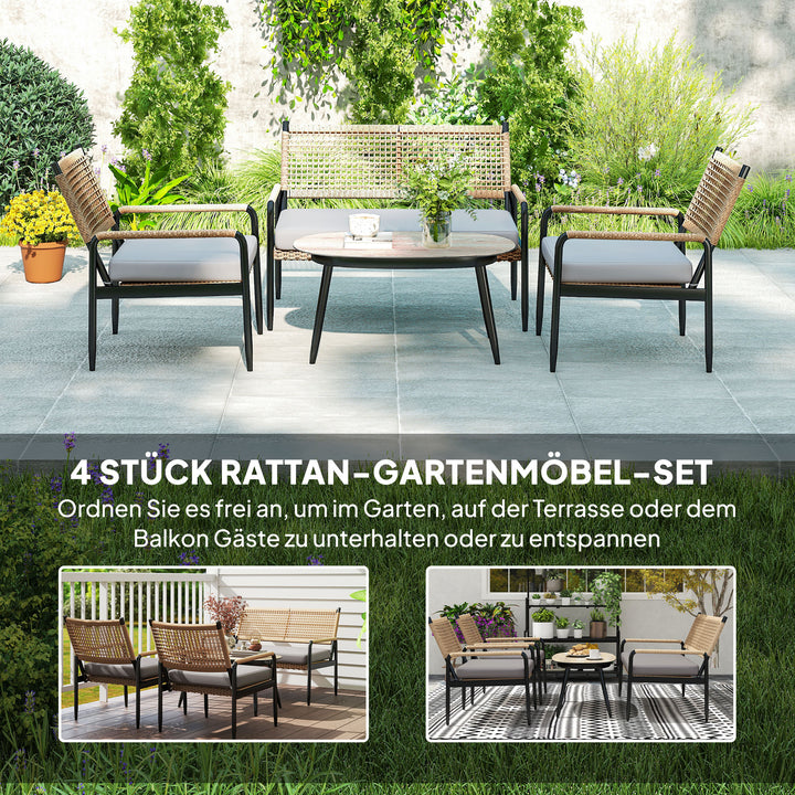 Havemøbelsæt af polyrattan loungesæt med 2-personers sofa, lænestol, glasbord, hynder til 4 personer, mørkegrå + gul