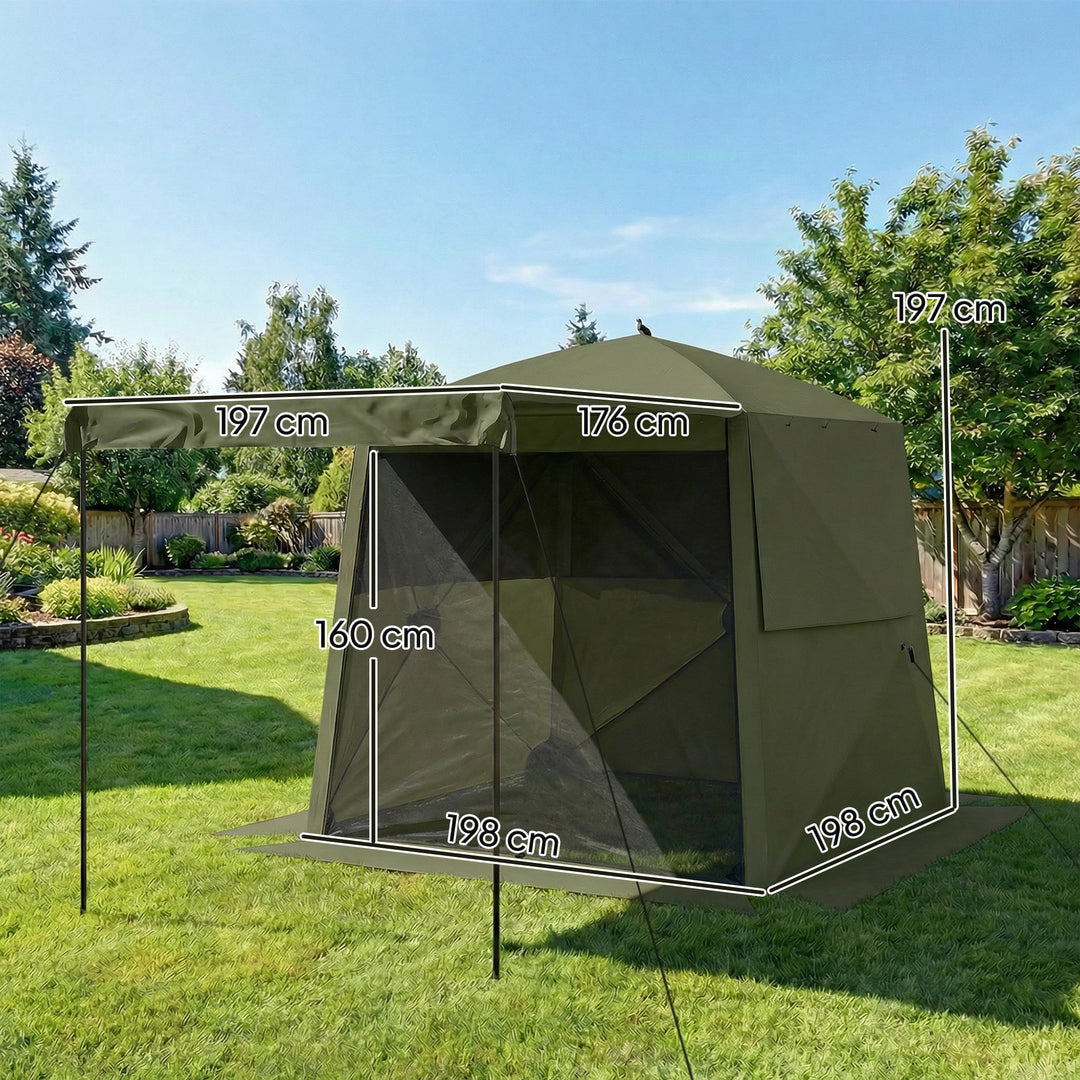 2x2m vandtæt, stabil, vintersikker pop-up foldbar pavillon med 4 sidepaneler, netvinduer, hoveddør, UV 30+