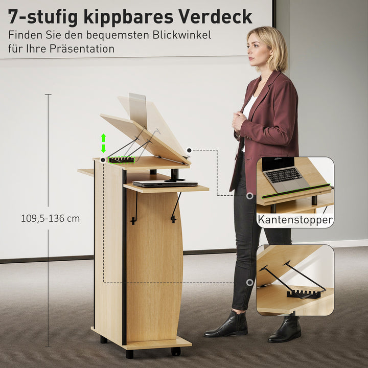 Rullende podiumstativ, talerpult med foldbare sidevinger, laptopbord med skuffe og hylder, egetræslook