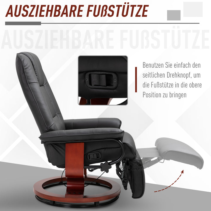 Lænestol med justerbar lænestol, TV-stol, loungestol, kunstlæder, 360° drejestol, 145° vipbar, sort, 78 x 87 x 100 cm