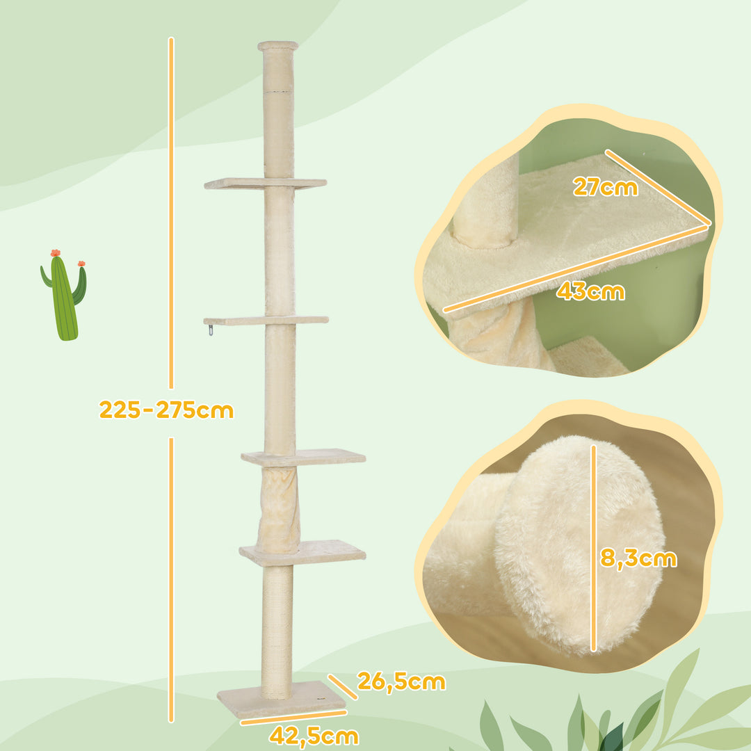 Kradsetræ, justerbar højde 225-275 cm, stabil base, anti-tip beskyttelse, plysbetræk, cremehvid