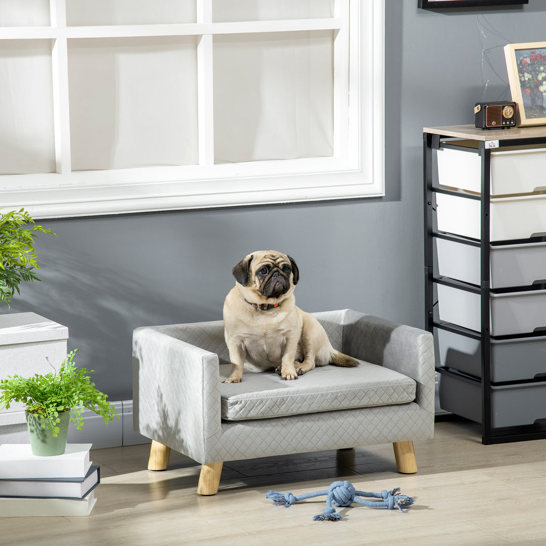 Hundesofa med træben, hundeseng, kæledyrssofa, hundemåtte til små hunde op til 8 kg, fløjlsagtig, grå, 64 x 45 x 36 cm