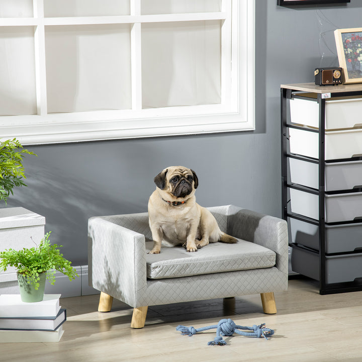 Hundesofa med træben, hundeseng, kæledyrssofa, hundemåtte til små hunde op til 8 kg, fløjlsagtig, grå, 64 x 45 x 36 cm