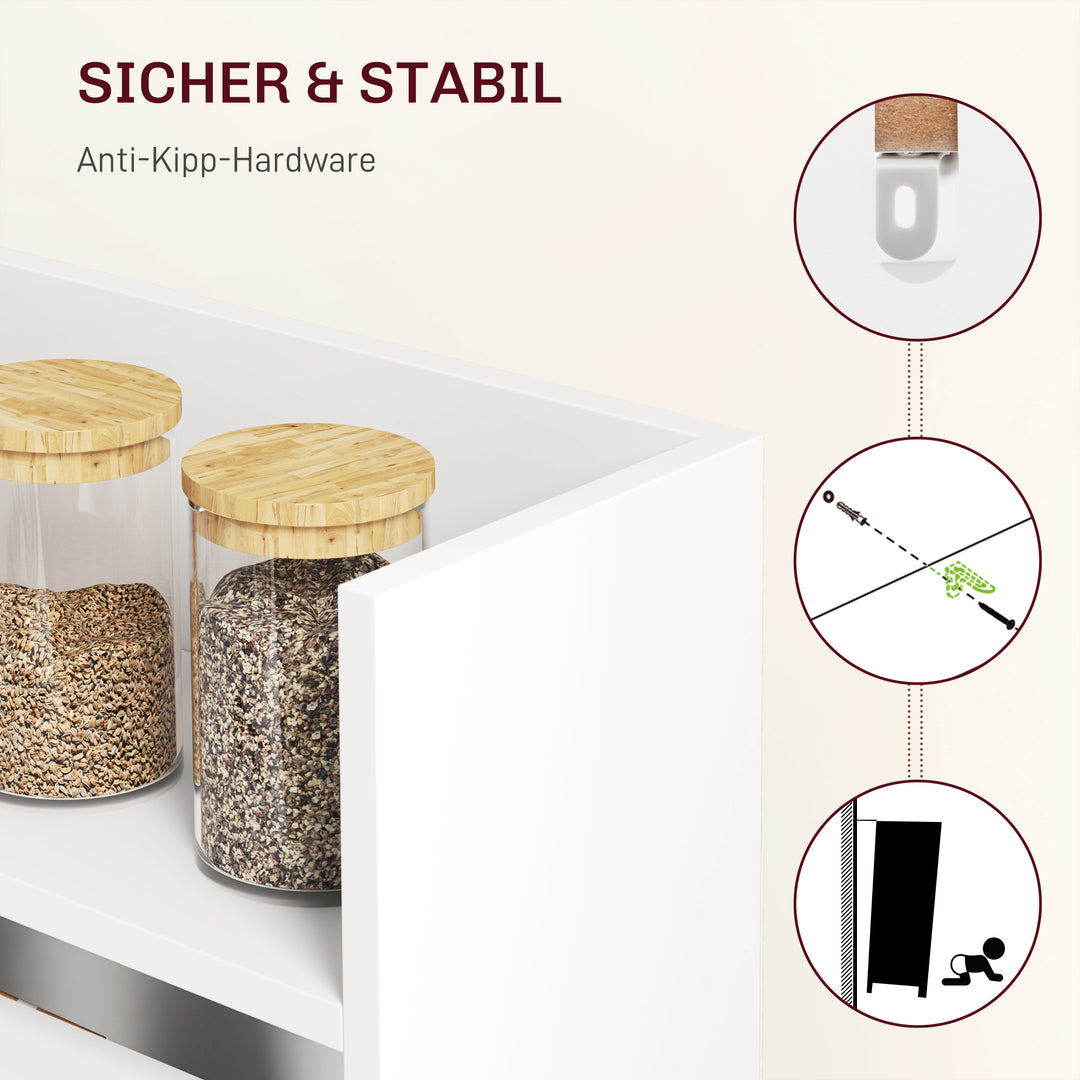 Foldbart spisebord, velegnet til små rum, med 4 diskrete hylder, foldbart køkkenbord, anti-tip funktion, hvid