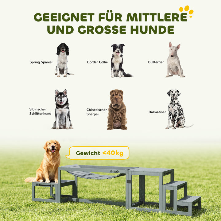 Agilitysæt til hunde, 3-delt agilityudstyr med bro, trappe, platform, fyrretræ, 117 x 50 x 56 cm, grå