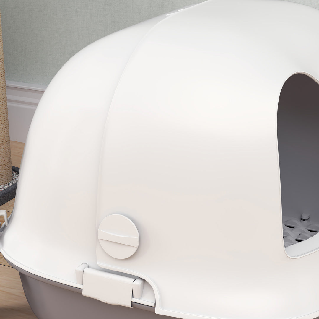 Kattebakke med låg, kattebakke med indvendig kanal, dør, skovl, nem at rengøre, plastik, lysegrå