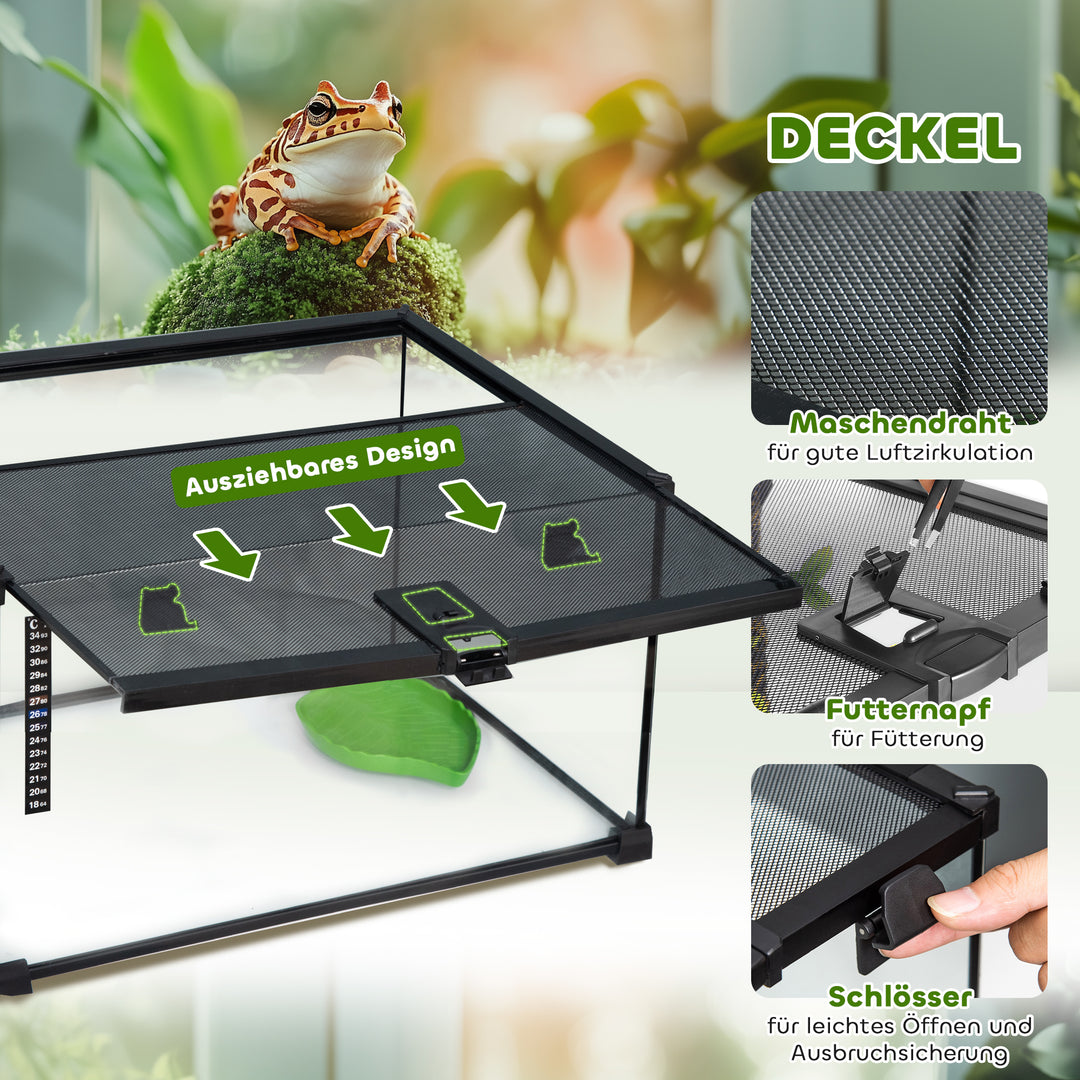 Reptile box terrarium, inklusive stribetermometer, foderklapper, 50 cm x 30 cm x 25 cm, glas + metal, sort