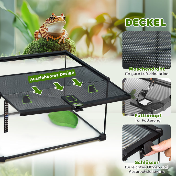 Reptile box terrarium, inklusive stribetermometer, foderklapper, 50 cm x 30 cm x 25 cm, glas + metal, sort