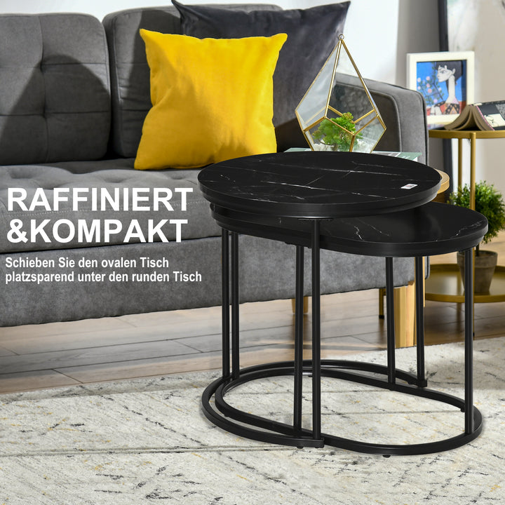Sæt med 2 sofaborde, ovale og runde, stabelbare, marmorlook, mdf, metal, ø50 x 50,5h cm, sort