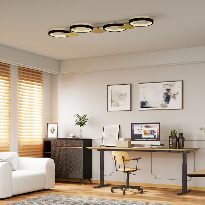LED loftlampe 38W 1500LM 3000K-6500K, loftlampe til stue med 4 pærer, fjernbetjening, sort+guld
