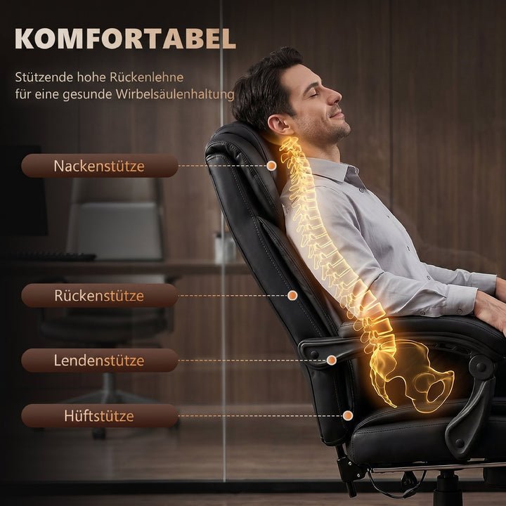 Ergonomisk kontorstol med massagefunktion, skrivebordsstol med fodstøtte, høj ryglæn, lændestøtte, sort