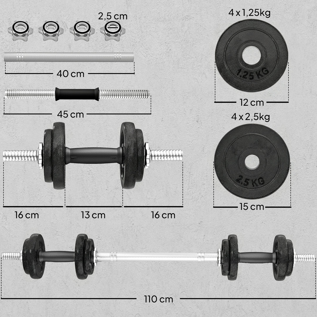 2-i-1 håndvægtsæt: Håndvægte og vægtstænger, justerbare op til 20 kg, med skridsikkert greb til styrketræning derhjemme, grå