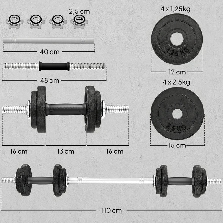 2-i-1 håndvægtsæt: Håndvægte og vægtstænger, justerbare op til 20 kg, med skridsikkert greb til styrketræning derhjemme, grå