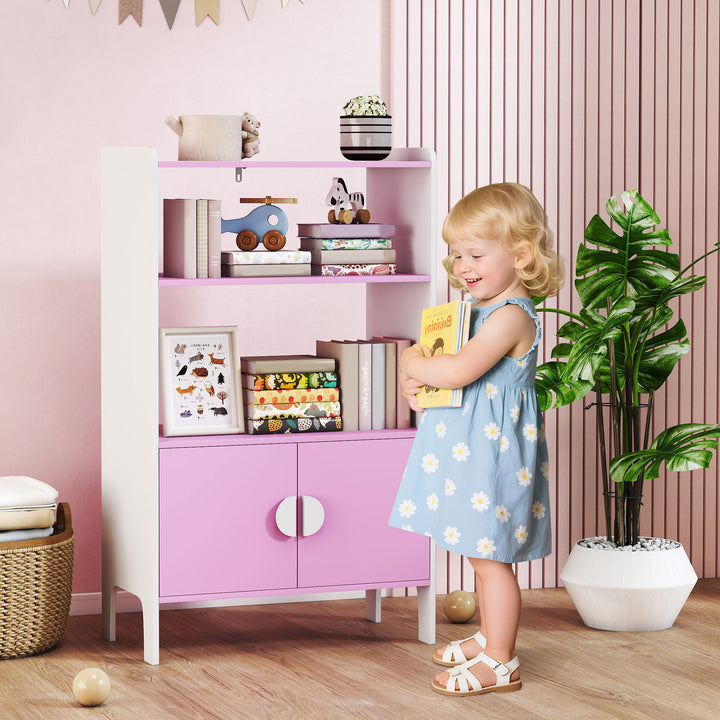 Børnebogreol, 2 hylder, 2 skabe, fritstående, anti-tip design, skridsikre ben, mdf, pink+hvid