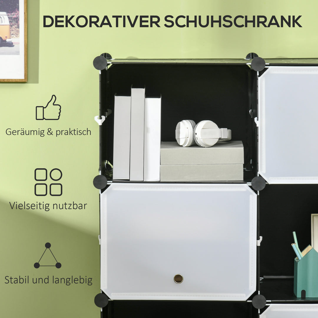 Modulært reolsystem, indstiksreol, samlet af 12 kuber 125 x 32 x 125 cm, plast + stål sort