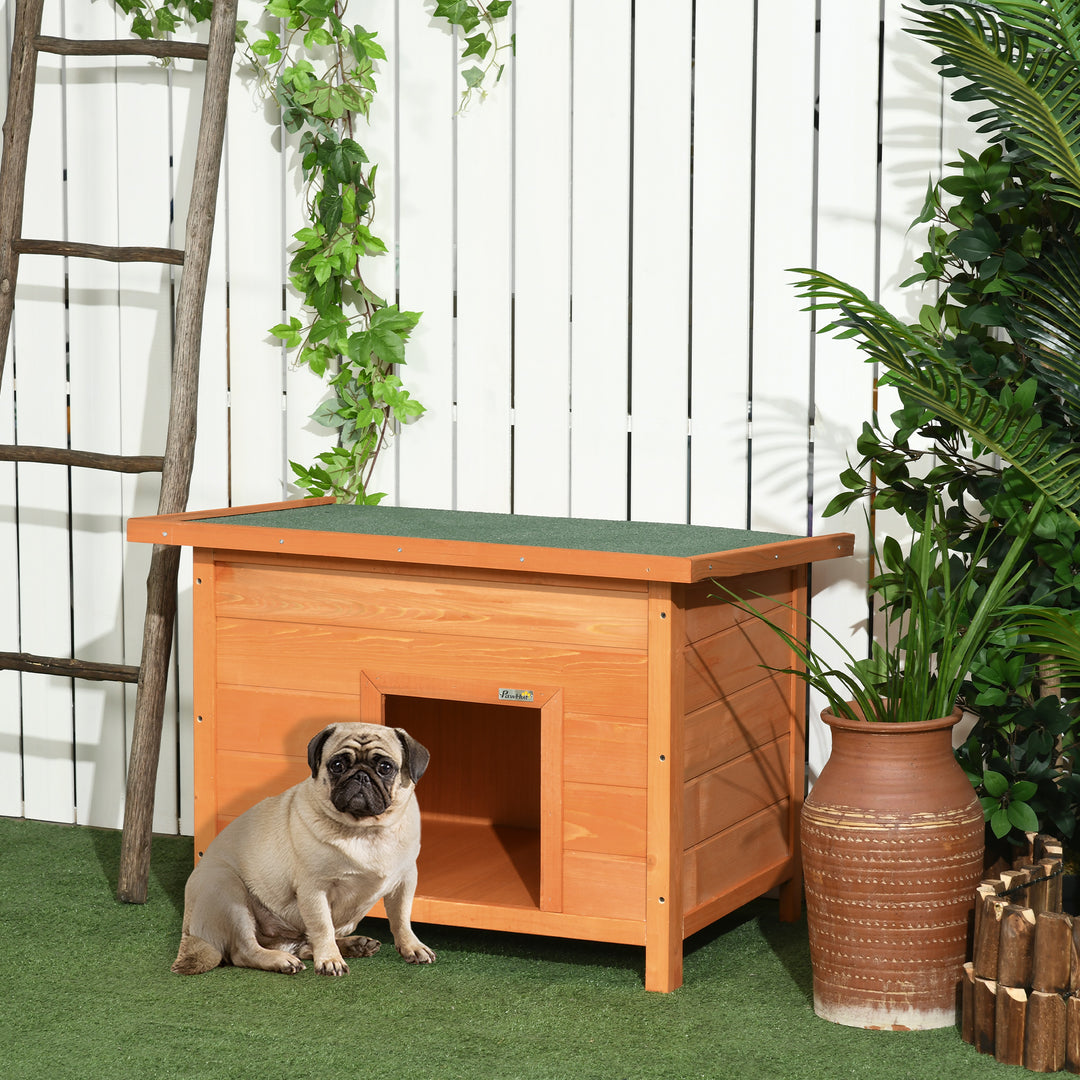 Udendørs hundehus, træhundehus med hængslet asfalttag, vandtæt hundehule med hævet gulv, hus til små hunde, gul, 82 x 58 x 58 cm