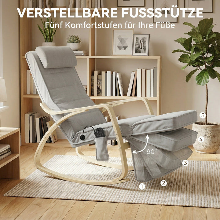 Gyngestol med massagefunktion, varme, nakke- og fodstøtte, fløjlsbetræk, lænestol, lysegrå