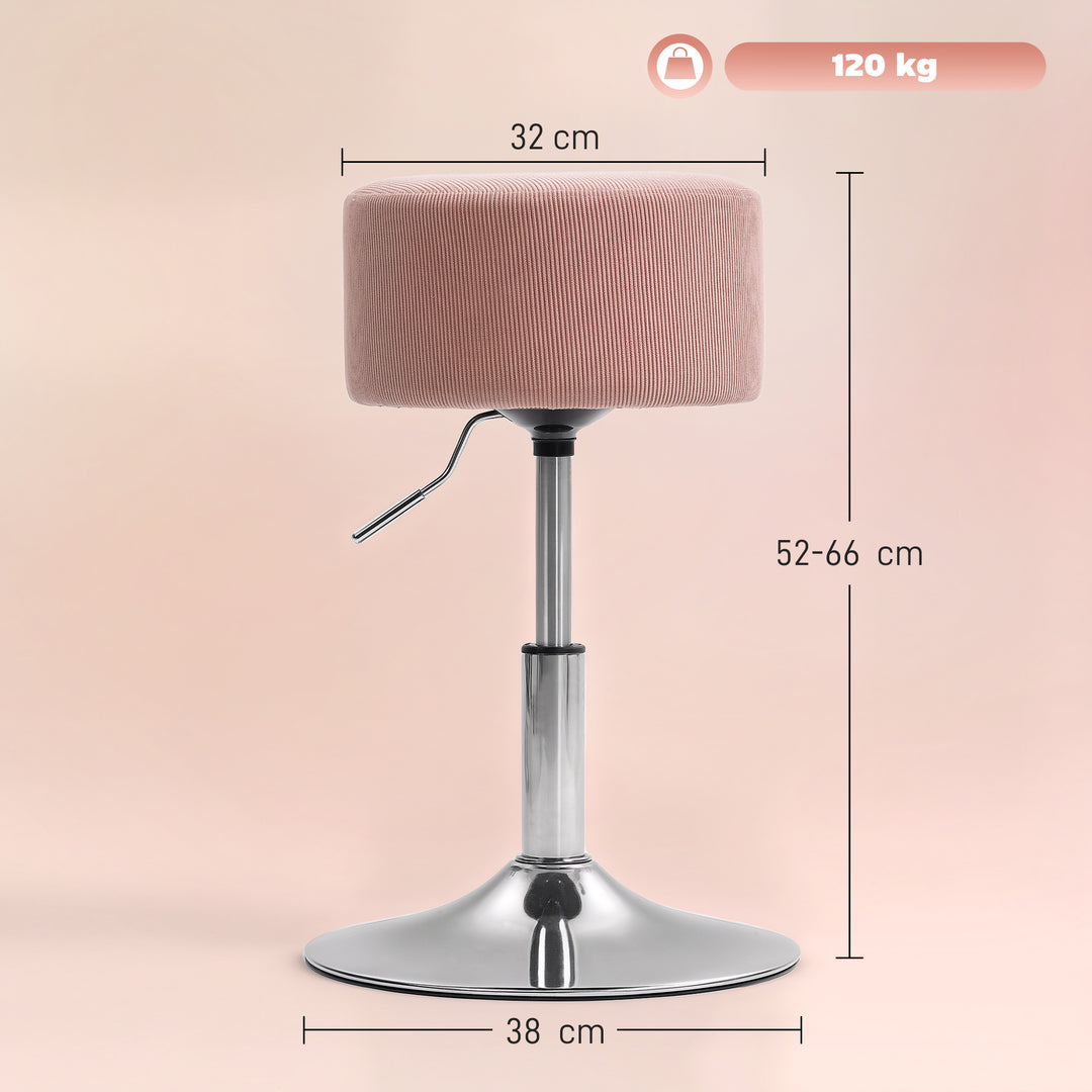 Barstol, polstret barstol med metalstel, corduroy look, højdejusterbar 360° drejelig pink