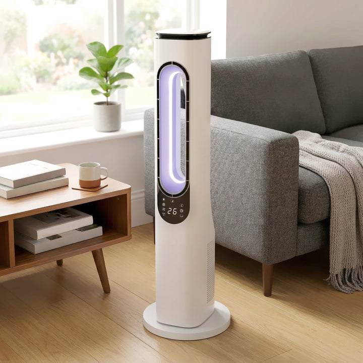 Rotorløs tårnventilator til soveværelser, 35 dB støjsvag standerventilator med 50° oscillation, LED-lys, 3 hastigheder, 15-timers timer, hvid