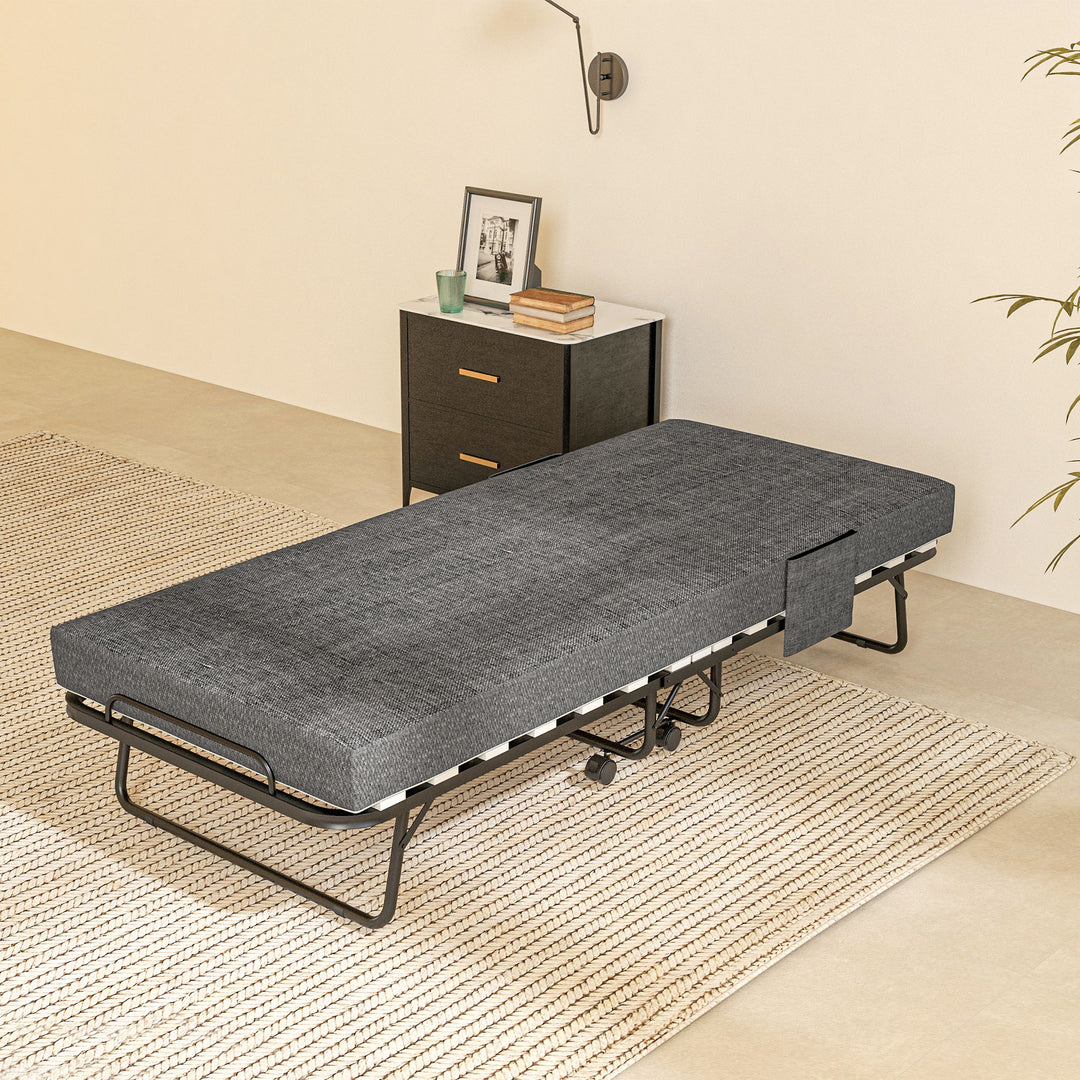 Klapseng med madras, 4 hjul, metalramme, op til 150 kg, 190 x 80 x 42 cm, mørkegrå