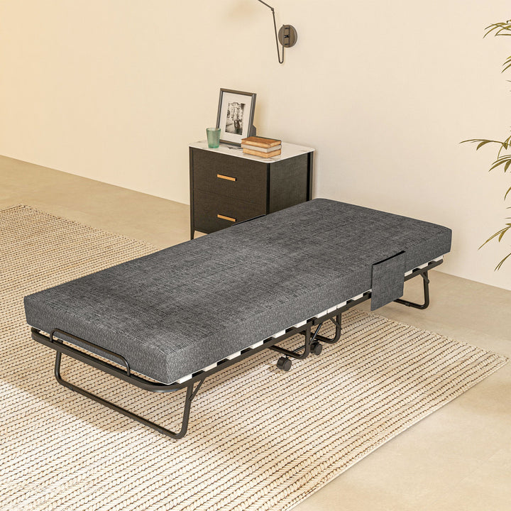 Klapseng med madras, 4 hjul, metalramme, op til 150 kg, 190 x 80 x 42 cm, mørkegrå