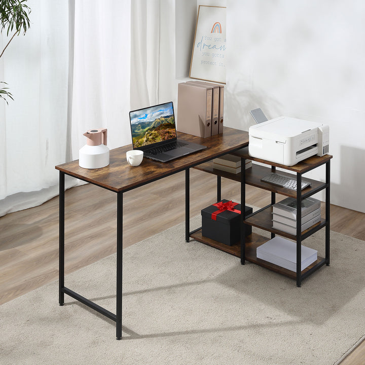 Hjørnebord vinkelbord pc-bord computerbord kontorbord hylde skuffe l-formet spånplade metal rustik brun 135 x 90 x 79 cm