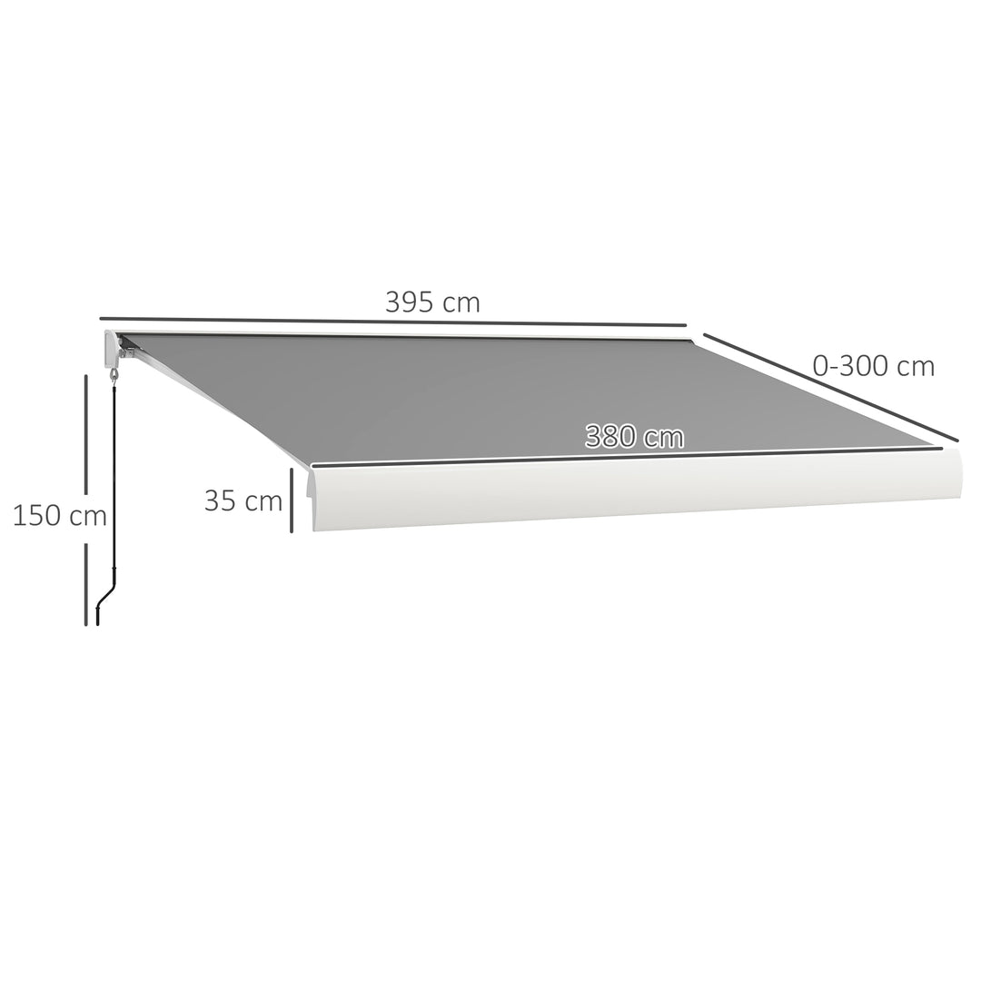 Markise, elektrisk/manuelt udtrækkelig, fuld kassette, fjernbetjening, aluminiumsramme, 4 x 3 m, lysegrå