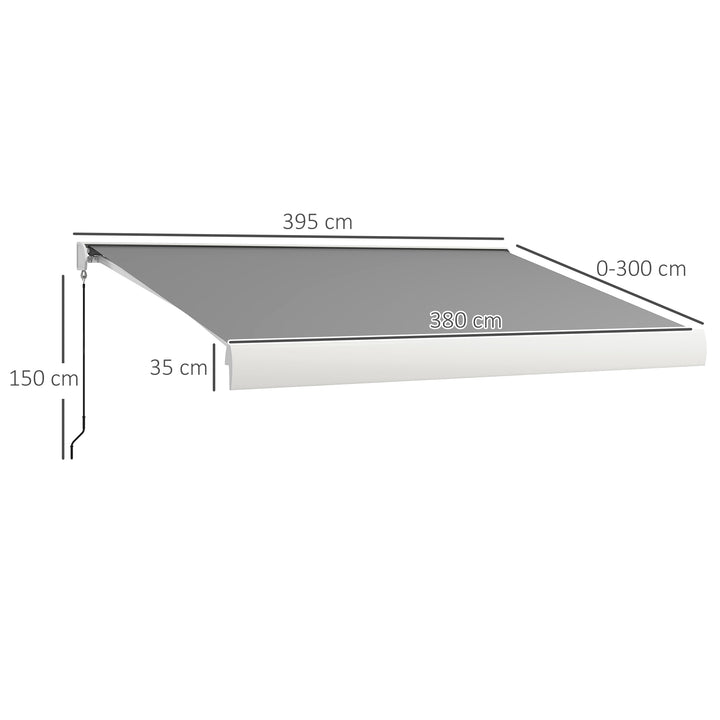 Markise, elektrisk/manuelt udtrækkelig, fuld kassette, fjernbetjening, aluminiumsramme, 4 x 3 m, lysegrå