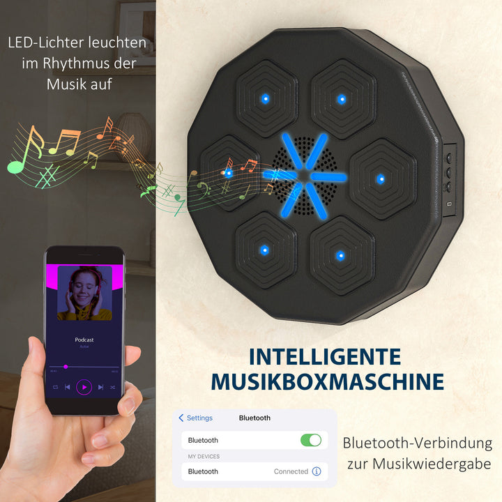 Boksetræner med musikfunktion, bluetooth, lysende prikker, vægbeslag, kunstlæder, sort