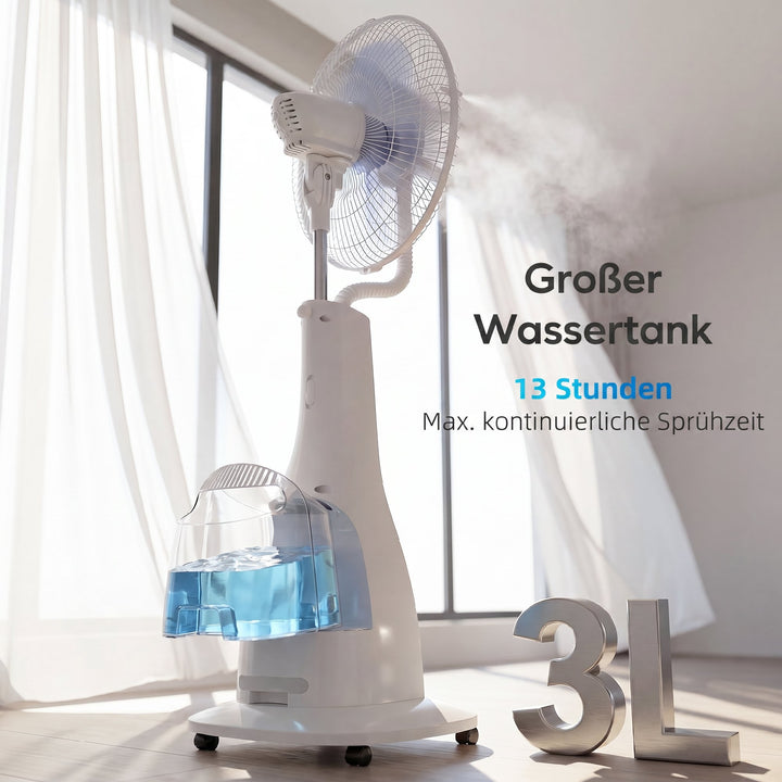 Stående ventilator med vandtåge, 75° oscillation, 3 hastigheder, 3 tilstande, hvid