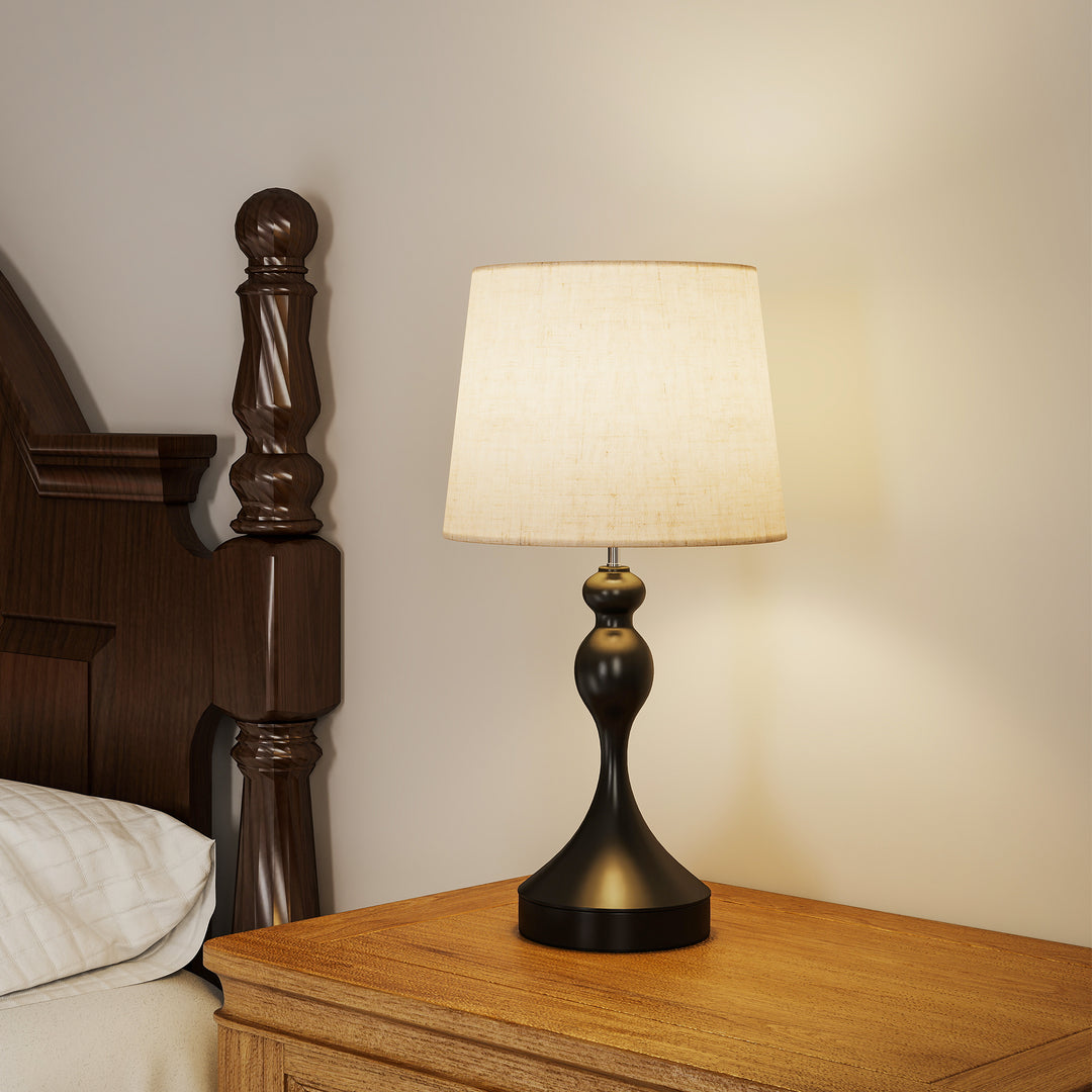LED-bordlampe med 3 farvetemperaturer, sengelampe med USB A+C-opladeporte, skærm i linned, sort